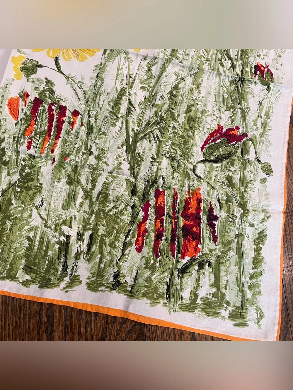 VINTAGE White Green Pink Silk Floral Print Square Scarf